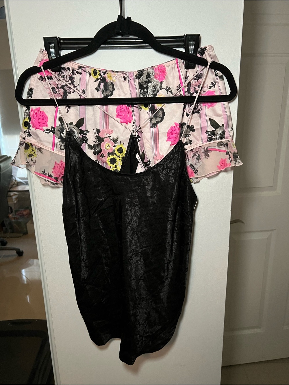 Victoria's Secret Pink and Black Floral Satin Camisole & Shorts Set